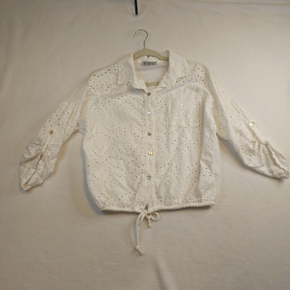 Femme Fatale Made In Italy White Eyelet Button-Up Waist Tie  Shirt